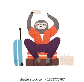 Funny Sloth Traveler Sitting On Suitcase And Taking Selfie Isolated On White Background. Cute Wild Animal Tourist Going On Trip Or Vacation Vector Flat Illustration. Happy Character With Baggage