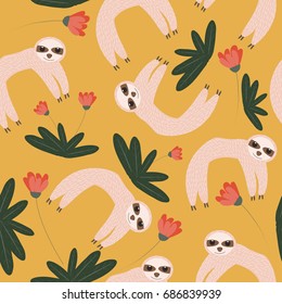 Funny sloth with tropical leaves and flowers seamless pattern. Vector hand drawn illustration.