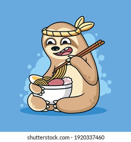 Funny Sloth Vector Icon Illustration. Animal Icon Concept Eat Noodle with Cute Expression