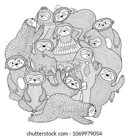 Funny sloths circle shape pattern for coloring book. Vector illustration