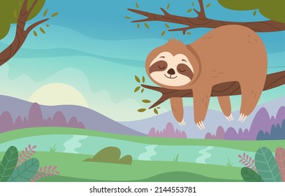 Funny sloths. Cute wild lazy animals relaxing or sleeping on branches sloths hugging exact vector cartoon colored background