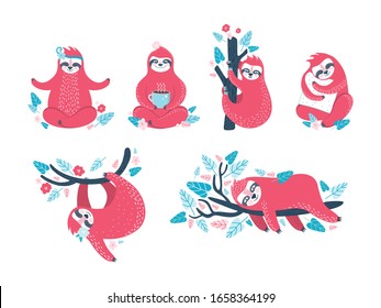 Funny sloths in different poses. Set of lazy exotic animals that sleep, doze, rest on a branch of a tropical tree, meditate and drink coffee. Cute cartoon character in different movements. Hand drawn