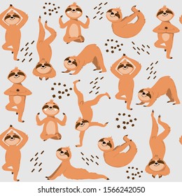 Funny sloths in different yoga poses on a grey background seamless pattern