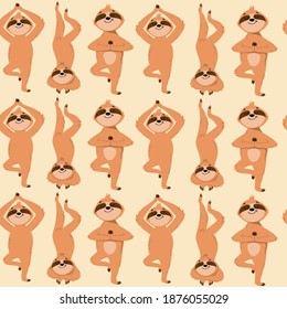 Funny sloths doing yoga seamless pattern. Vector illustration