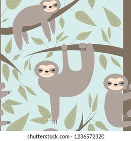 funny sloths hanging on the tree seamless pattern. Adorable cartoon animal background. Vector rainforest set of cute sloths, leaves