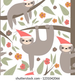 funny sloths in Santa hat hanging on the tree seamless pattern. Adorable cartoon animal background. Vector rainforest set of cute sloths, flowers, leaves