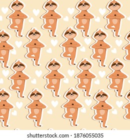 Funny sloths in a yoga pose. Fashion stickers vector illustration seamless pattern