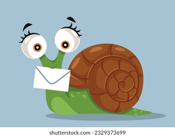 
Funny Slow Snail Carrying Mail Vector Cartoon Illustration. Traditional mail carrier delivering to envelope to address 
