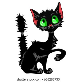 Funny sly black cat with green eyes and mangy tail isolated on white background. Cute homeless animals. Vector cartoon close-up illustration.