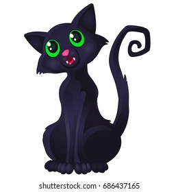 Funny sly black cat with green eyes and curved spiral tail shows tooth isolated on white background. Cute homeless animals. Vector cartoon close-up illustration.