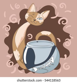 Funny sly cartoon cat with half-closed eye is sitting next to the aquarium, vector