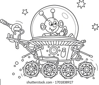 Funny small alien friendly smiling and piloting a lunar rover somewhere beyond the planet Earth, black and white outline vector cartoon illustration for a coloring book page