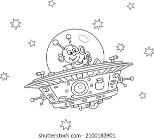 Funny small alien friendly smiling and piloting a flying saucer somewhere beyond the planet Earth, black and white vector cartoon illustration for a coloring book page