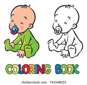 Funny small baby, boy or girl, sitting in romper with dummy. Children vector illustration or coloring book