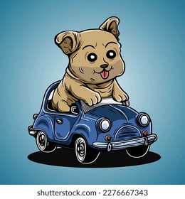 Funny Small Car Cute Little Dog Riding Vector Illustration