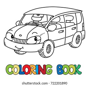 Funny small car with eyes. Coloring book
