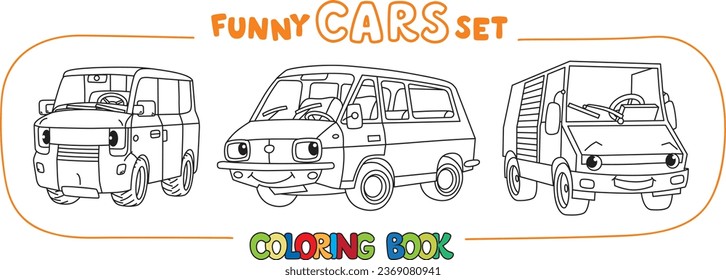 Funny small cars with eyes. Coloring book set.