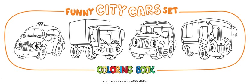 Funny small cars with eyes. Coloring book set