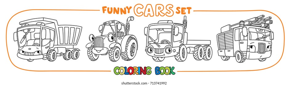 Funny small cars with eyes. Coloring book set