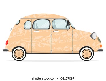 Funny small cartoon car on a white background. Flat vector