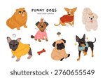 Funny small dog breeds sticker collection, cute puppies in sweaters and sunglasses clipart, adorable pet illustrations with tongue out and grumpy mood, playful vector graphics set