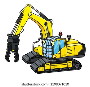 Funny small excavator with eyes. Coloring book