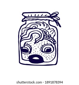 Funny small fish in close glass jar aquarium in black outline doodle style. Concept isolation, stay home quarantine, restrictions isolated on white. Cartoon design element for baby printing on goods.