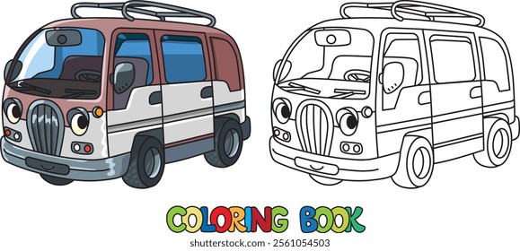 Funny small food truck car with eyes Coloring book