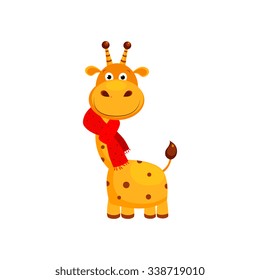 Funny Small Giraffe Wearing Scarf. Cute Colourful Vector Illustration