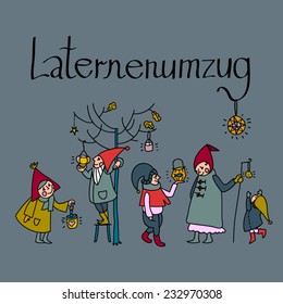 Funny small gnomes with lanterns going out for the peaceful laternenumzug season celebration. Saint Martin's day, the laternelaufen day for small kids. Ideal for the postcard