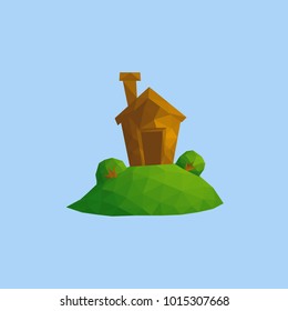 Funny small house on green hill with some bushes. Outdoor nature village landscape scene low poly illustration