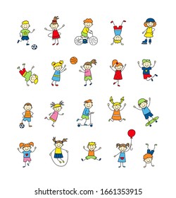 Funny small kids play, run and jump. Cute doodle children, boys and girls. A set of color isolated characters. Hand drawn vector illustration on white background