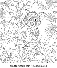 Funny small Philippine tarsier, tree-dwelling exotic primate with very large eyes and a long tufted tail, sitting on a tree branch in a tropical jungle, black and white outline vector cartoon