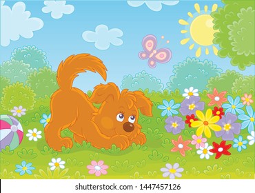 Funny small playful puppy playing with a butterfly among colorful flowers on green grass of a garden on a sunny summer day, vector illustration in a cartoon style