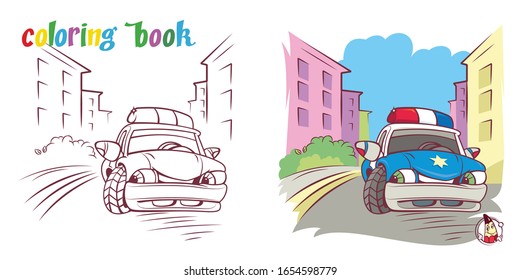 Funny small police car with eyes on city building background. Coloring book.