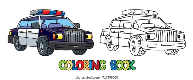 Funny small police car with eyes. Coloring book