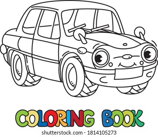 Funny small retro car with eyes. Coloring book