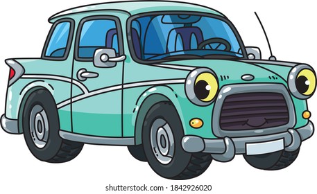 Funny small retro car with eyes. Vector