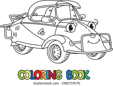 Funny small retro car with eyes. Coloring book