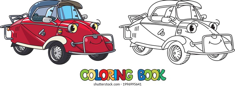 Funny small retro car with eyes. Coloring book