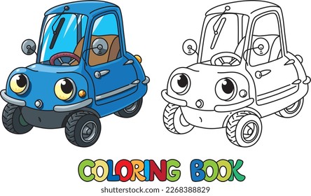 Funny small retro car with eyes. Coloring book