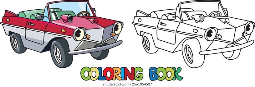 Funny small retro car with eyes. Coloring book