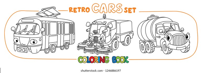 Funny small retro cars with eyes coloring book set