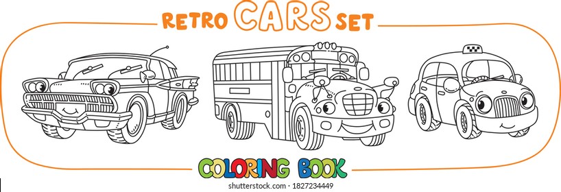 Funny small retro cars with eyes coloring book set