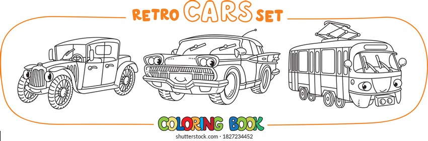 Funny small retro cars with eyes coloring book set