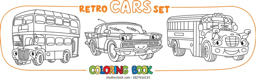 Funny small retro cars with eyes coloring book set