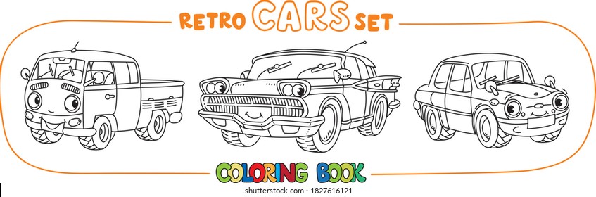 Funny small retro cars with eyes coloring book set