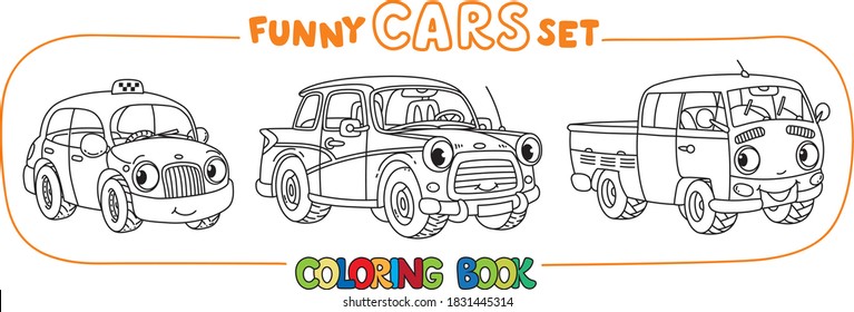 Funny small retro cars with eyes coloring book set