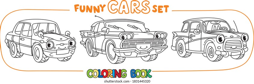 Funny small retro cars with eyes coloring book set