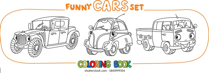 Funny small retro cars with eyes coloring book set